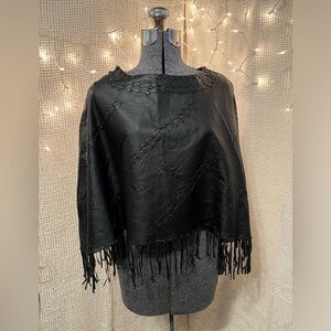 Vintage 90s Black Leather Fringe Whip Stitch Poncho Shawl Black Medium